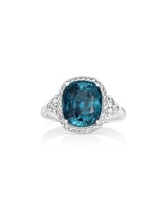 6.8 Cts Blue Zircon and White Diamond Ring in 14K White Gold