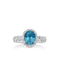 3.39 Cts Blue Zircon and White Diamond Ring in 14K White Gold