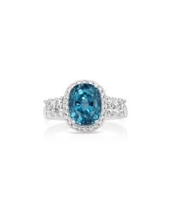 7.57 Cts Blue Zircon and White Diamond Ring in 14K White Gold