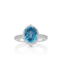 5.62 Cts Blue Zircon and White Diamond Ring in 14K White Gold