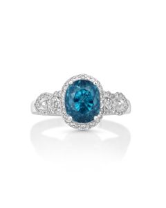 6.4 Cts Blue Zircon and White Diamond Ring in 14K White Gold