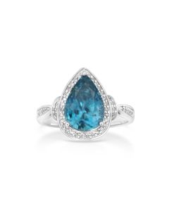 6.02 Cts Blue Zircon and White Diamond Ring in 14K White Gold