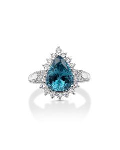 5.88 Cts Blue Zircon and White Diamond Ring in 14K White Gold