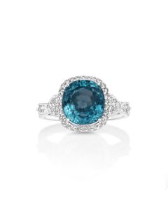 7.1 Cts Blue Zircon and White Diamond Ring in 14K White Gold