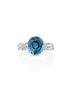 6.49 Cts Blue Zircon and White Diamond Ring in 14K White Gold