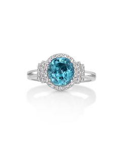 4.16 Cts Blue Zircon and White Diamond Ring in 14K White Gold