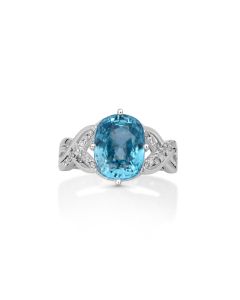 6.76 Cts Blue Zircon and White Diamond Ring in 14K White Gold