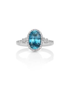 3.53 Cts Blue Zircon and White Diamond Ring in 14K White Gold