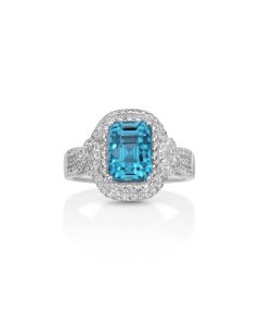 6.08 Cts Blue Zircon and White Diamond Ring in 14K White Gold