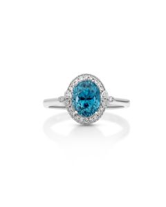3.85 Cts Blue Zircon and White Diamond Ring in 14K White Gold