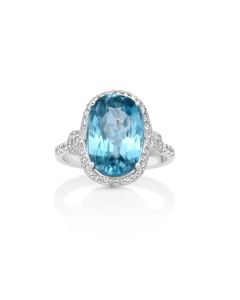 9.8 Cts Blue Zircon and White Diamond Ring in 14K White Gold