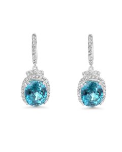 9.21 Cts Blue Zircon and White Diamond Earring in 14K White Gold