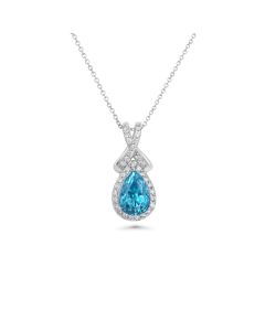 2.95 Cts Blue Zircon and White Diamond Pendant in 14K White Gold
