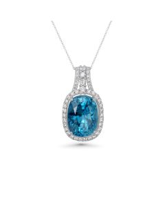 25.46 Cts Blue Zircon and White Diamond Pendant in 14K White Gold