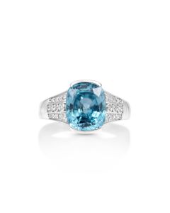 6.44 Cts Blue Zircon and White Diamond Ring in 14K White Gold