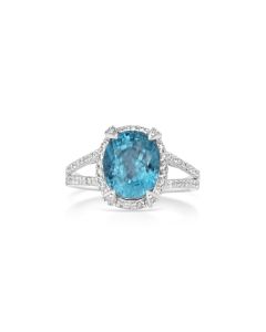 7.37 Cts Blue Zircon and White Diamond Ring in 14K White Gold