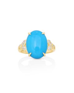 6.6 Cts Sleeping Beauty Turquoise and White Diamond Ring in 14K Yellow Gold