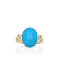 6.56 Cts Sleeping Beauty Turquoise and White Diamond Ring in 14K Yellow Gold