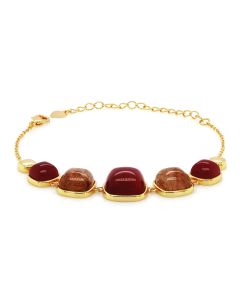 Ruby Colored Beryl and Golden Rutile 5 Stone Bracelet in Brass