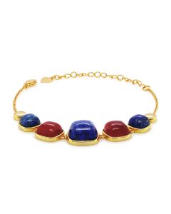Lapis Lazuli and Ruby Colored Beryl 5 Stone Bracelet in Brass