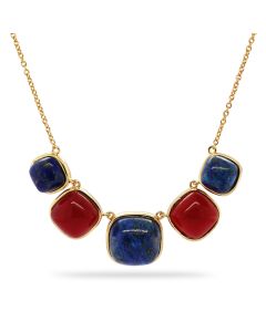 Lapis Lazuli and Ruby Colored Beryl 5 Stone Necklace in Brass