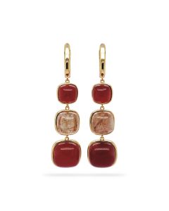 Ruby Colored Beryl and Golden Rutile 3 Stone Earring in Brass