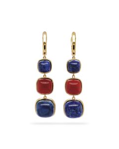 Lapis Lazuli and Ruby Colored Beryl 3 Stone Earring in Brass