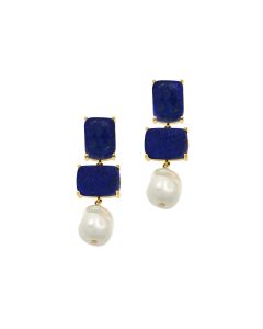 34 Cts Lapis Lazuli and Mother of Pearl Dangle Earring in Brass