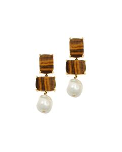 29 Cts Tiger Eye and Mother of Pearl Dangle Earring in Brass