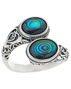 Blue-Green Double Stone Abalone Shell Ring in Oxidized 925 Silver