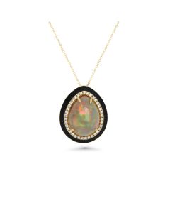 10.3 Cts White Opal and White Diamond Pendant in 14K Yellow Gold