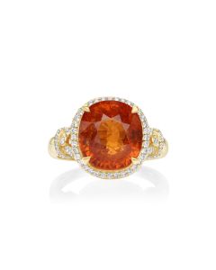 10.2 Cts Spessartite and White Diamond Ring in 14K Yellow Gold