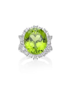 14.28 Cts Peridot and White Diamond Ring in 14K White Gold