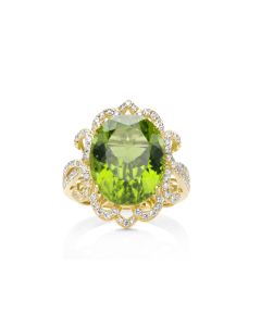 13.34 Cts Peridot and White Diamond Ring in 14K Yellow Gold