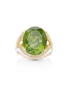 14.15 Cts Peridot and White Diamond Ring in 14K Yellow Gold