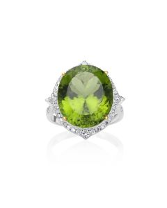 14.66 Cts Peridot and White Diamond Ring in 14K Two Tone