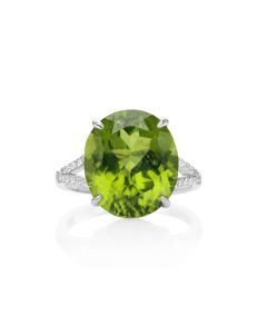 12.29 Cts Peridot and White Diamond Ring in 14K White Gold