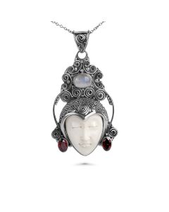 1.00 Cts Moonstone and Garnet Statement Pendant in Oxidized 925 Silver