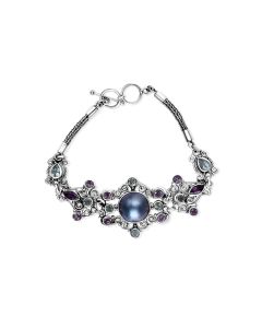 1.50 Cts Pearl and Multi Gemstone Statement Bracelet in Oxidized 925 Silver