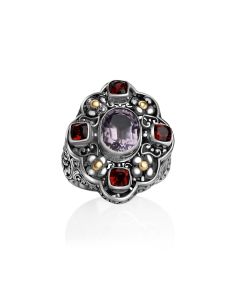 4.25 Cts Amethyst and Garnet Statement Ring in Two Tone 925 Silver