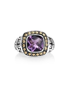1.00 Cts Amethyst Halo Ring in Two Tone 925 Silver