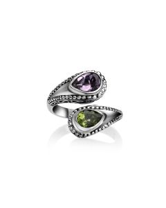 0.80 Cts Amethyst and Peridot Bypass Ring in Oxidized 925 Silver