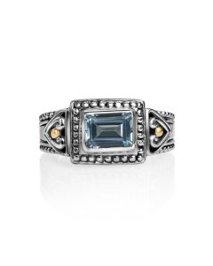 0.70 Cts Blue Topaz Halo Ring in Two Tone 925 Silver