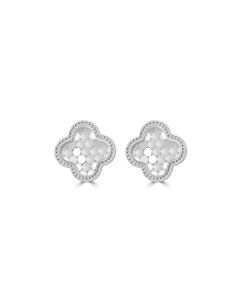 White Rhodium Plated CLOVER Stud Earring in 925 Silver
