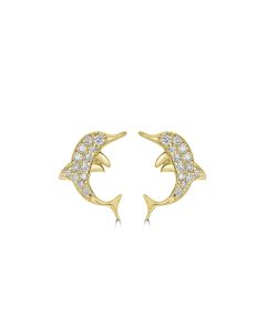 0.14 Cts White Diamond DOLPHIN Earring in 14K Yellow Gold