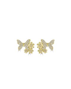0.31 Cts White Diamond BUTTERFLY AND FLOWERS Earring in 14K Yellow Gold