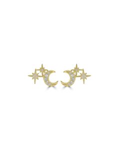 0.18 Cts White Diamond MOON STARS Earring in 14K Yellow Gold