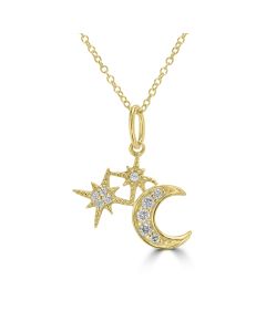 0.09 Cts White Diamond MOON STARS Pendant in 14K Yellow Gold