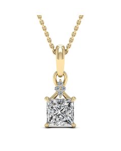 1.30 DEW Princess Cut White Moissanite Pendant in 14K Yellow Gold