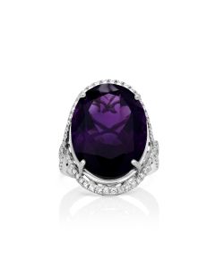 16 Cts Amethyst and White Diamond Ring in 14K White Gold